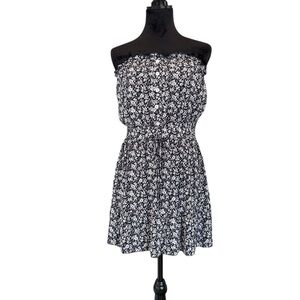 Navy & White Floral Strapless Mini Dress Size M Summer Cottagecore Boho Chic